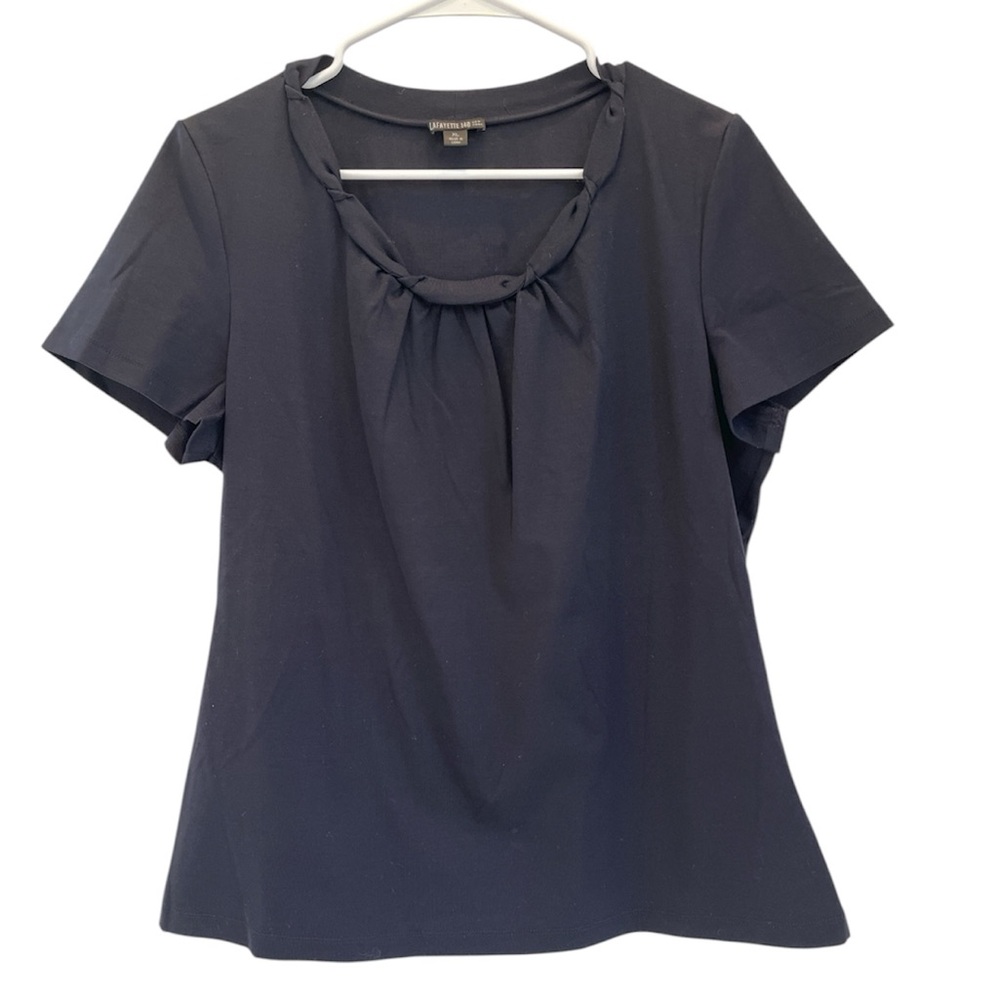 Lafayette 148 Twist Crew Neck Navy Black Tee Shirt w/ A-Line Bottom XL